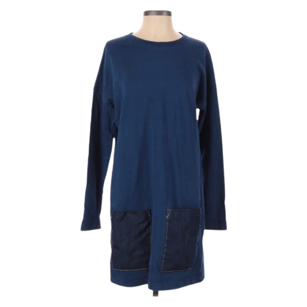 Trafaluc by Zara Blue Casual Shift Dress Tunic Size S 100% Cotton Long Sleeve